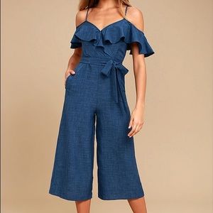 NWT Lulus Lost in Love Dark Blue Off-the-Shoulder Midi Jumpsuit